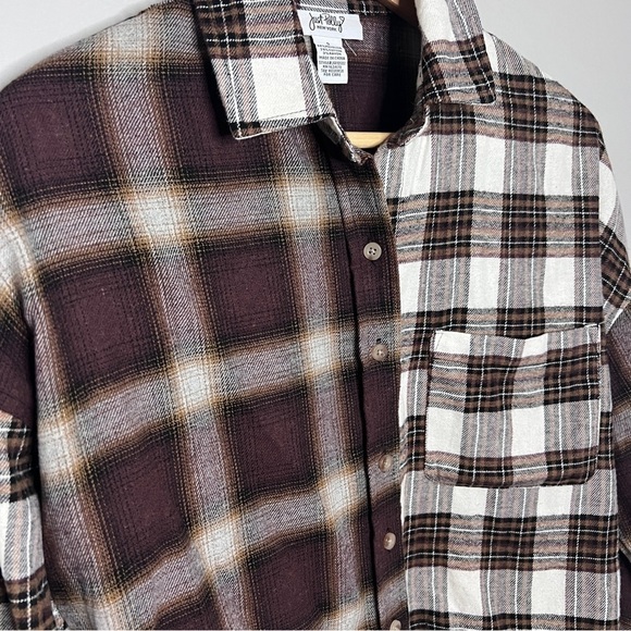 Just Polly Brown & Gray Plaid Button-Up Flannel Boxy Relaxed Shirt Size Small - Picture 2 of 6